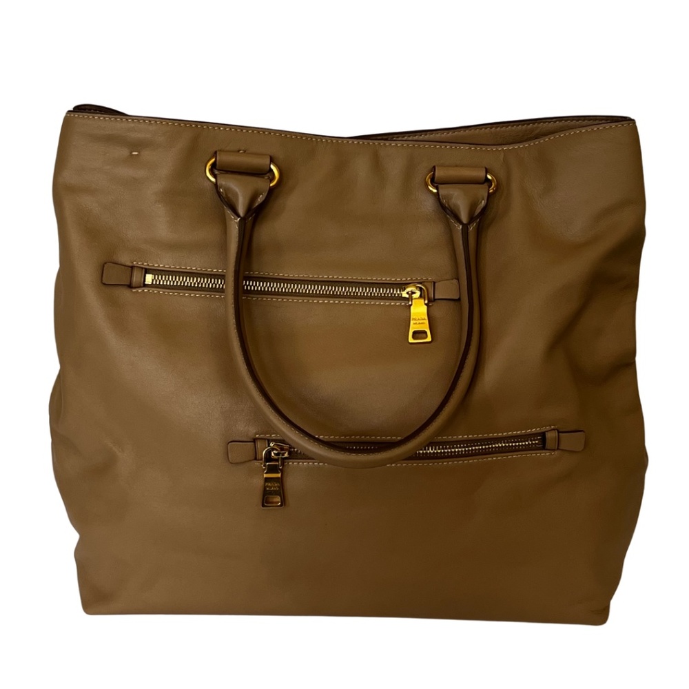 Prada Soft Calf Zip Convertible Tote Bambu Camel